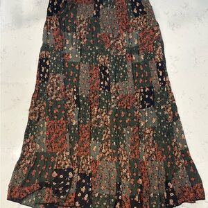 Floral Tiered Maxi Skirt - Green with Rust Floral